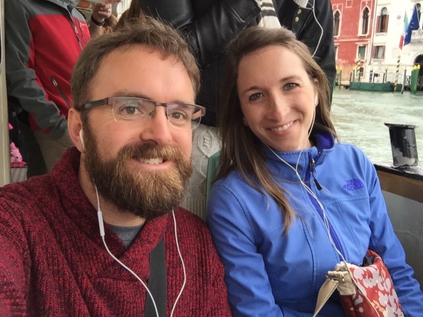 Cruising the Grand Canal on a vaporetto and enjoying our Rick Steves audio tour.
